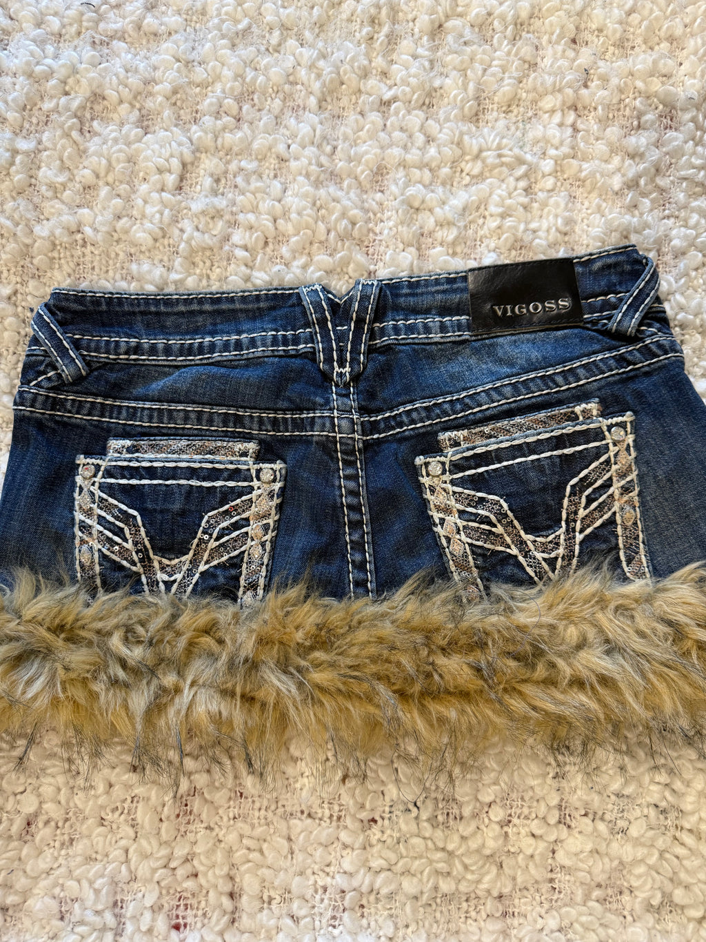 VIGOSS Y2K Denim Mini Skirt with Faux Fur Trim