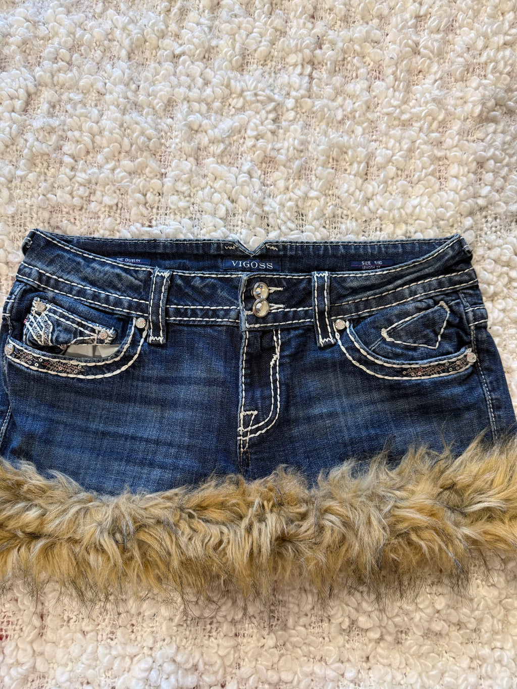 VIGOSS Y2K Denim Mini Skirt with Faux Fur Trim
