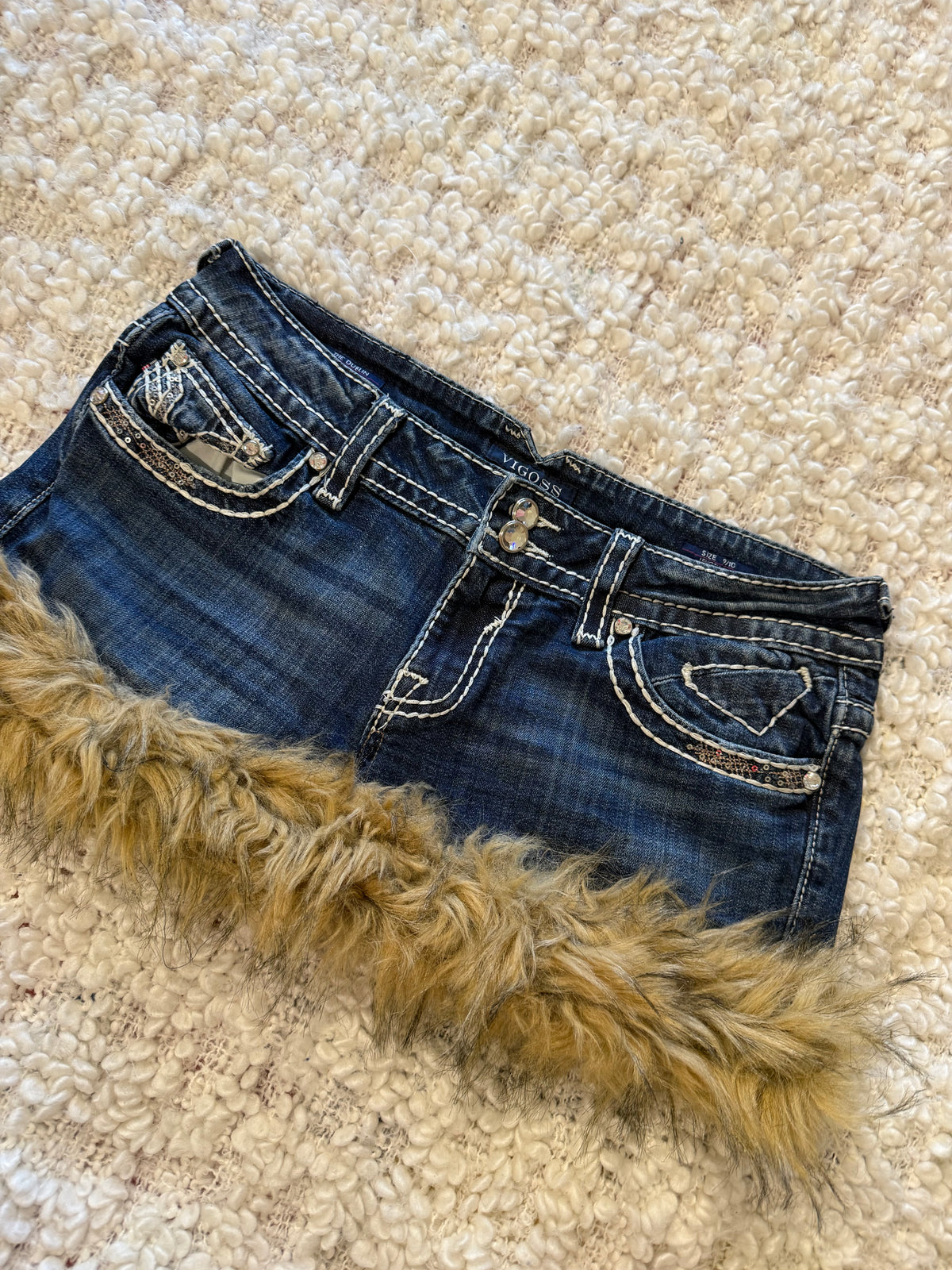 VIGOSS Y2K Denim Mini Skirt with Faux Fur Trim